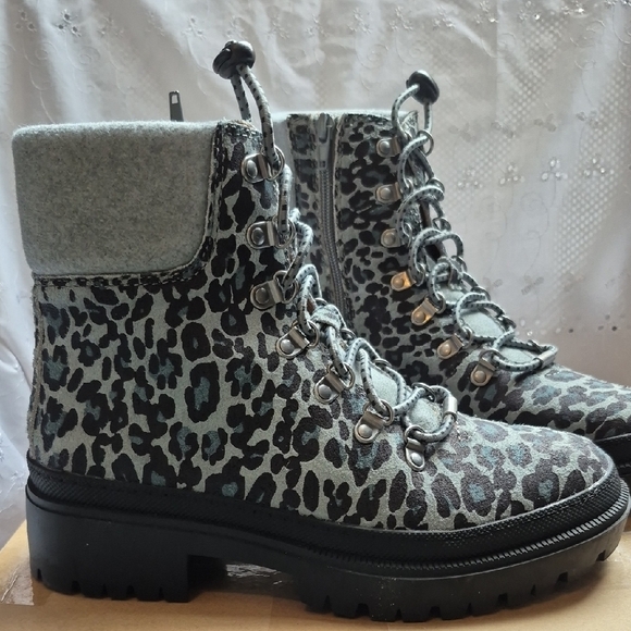 Lucky Brand Eavan Gray Leopard Suede Combat Boots - Picture 2 of 7